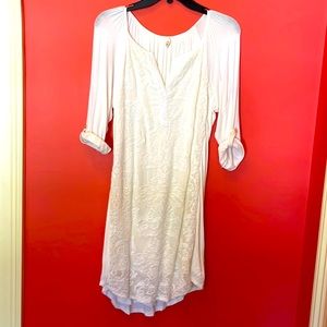 Ivory roll sleeve cotton knit dress with embroidered overlay, size S